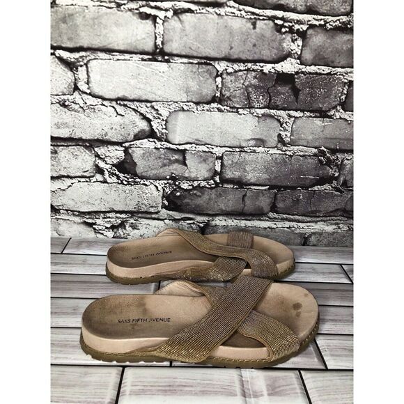 Saks Fifth Avenue Tan Gold Beaded Slide Leather Casual Sandals Women Sz 6US/37EU - Picture 1 of 14